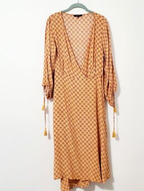Olivaceous Mustard Midi Dress with Burgundy Print